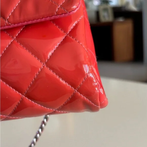 Chanel CC Quilted Patent Flap Clutch Chain Orange Silver Shoulder Bag Purse - Picture 15 of 16
